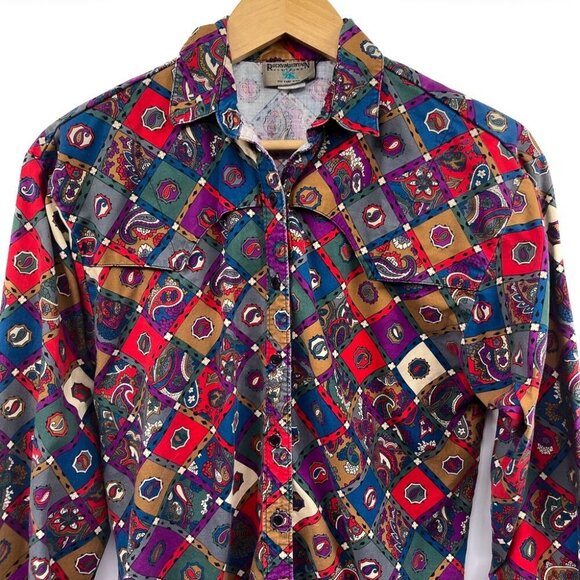 Vintage 1980s Western Southwestern Aztec Print Pattern Button Up Shirt Top 80s - Picture 3 of 8